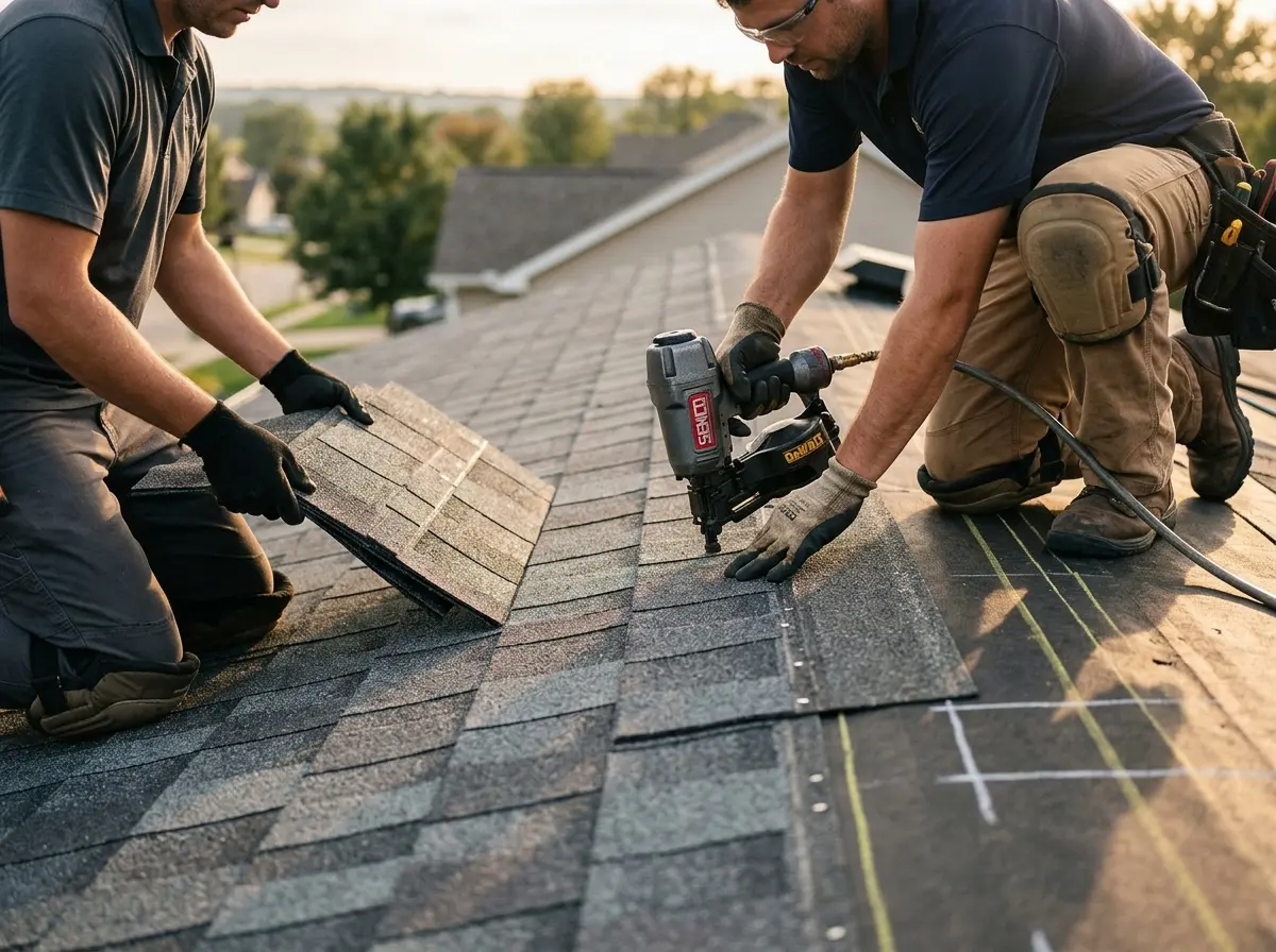 Professional roofer working on a residential roof in Cliffside Park